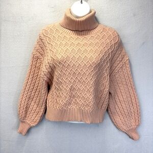 Elie Tahari Cropped Cable Knit Sweater Womens XS Pink Turtleneck Oversized Cozy